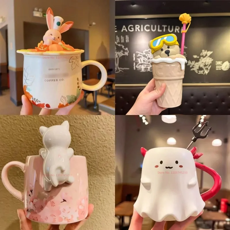 

New Kawaii Ceramic Mug Irregular Ice Cream Cone Cup Creative Cover Straw Mug Coffee Milk Cup Home Office Cup Girl Gifts