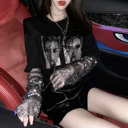 Rhinestone Pullovers Black Women's Sweatshirt Top Sequin Glitter High Quality Xxl Warm Korean Streetwear Y2k Emo Woman Clothing