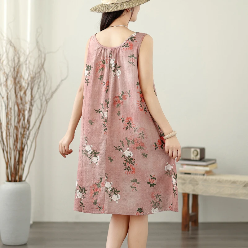 Plus size feminino verão solto strapl a linha dr algodão linho redondo ne impressão casual sle svel saia de comprimento médio