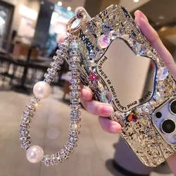 1 Pc Luxury Diamond-encrusted Wrist Chain Short Pearl Diamond Pendant Mobile Phone Case Universal Lanyard Diamond Ring Anti-lost