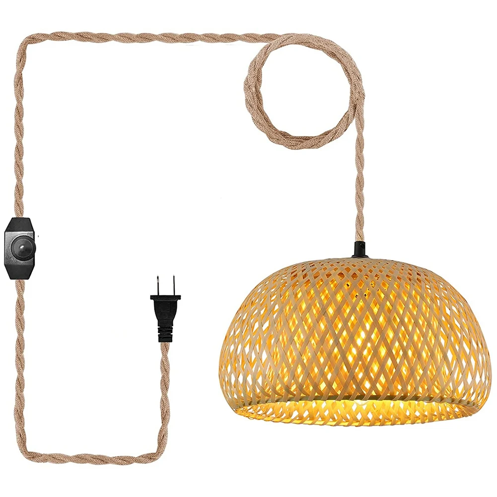 Plug in Pendant Light Hanging Lamp with Switch Jute Rope Cord Bamboo Lampshade Wicker Rattan Hanging Lights US Plug