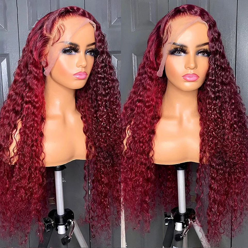 Perruque Lace Front Wig naturelle bouclée, cheveux humains, couleur rouge bordeaux 360, 13x6 HD, 30 32 34 99j, 13x4