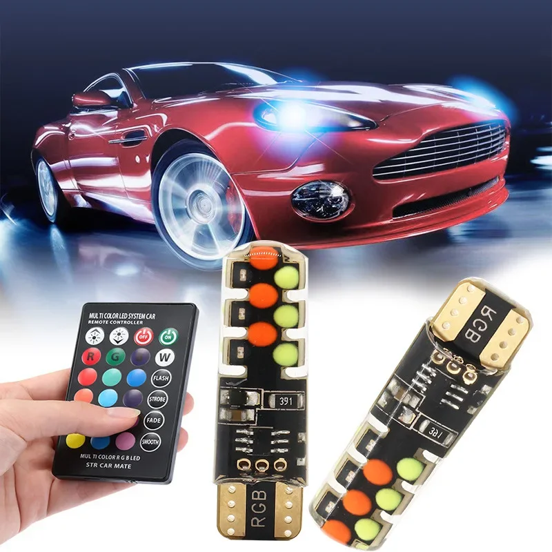 Ampoule LED pour voiture avec télécommande, flash de lecture stroboscopique, feux de dégagement Wedge, T10 w5w RGB, 12SMD COB canbus 194 168