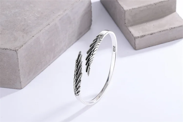 Retro Thai Silber Feder Einfaches Modisches 925 Sterling Silber Personalisiertes Design Flügel Trendige Offene Armbänder SL102 – Detail 4