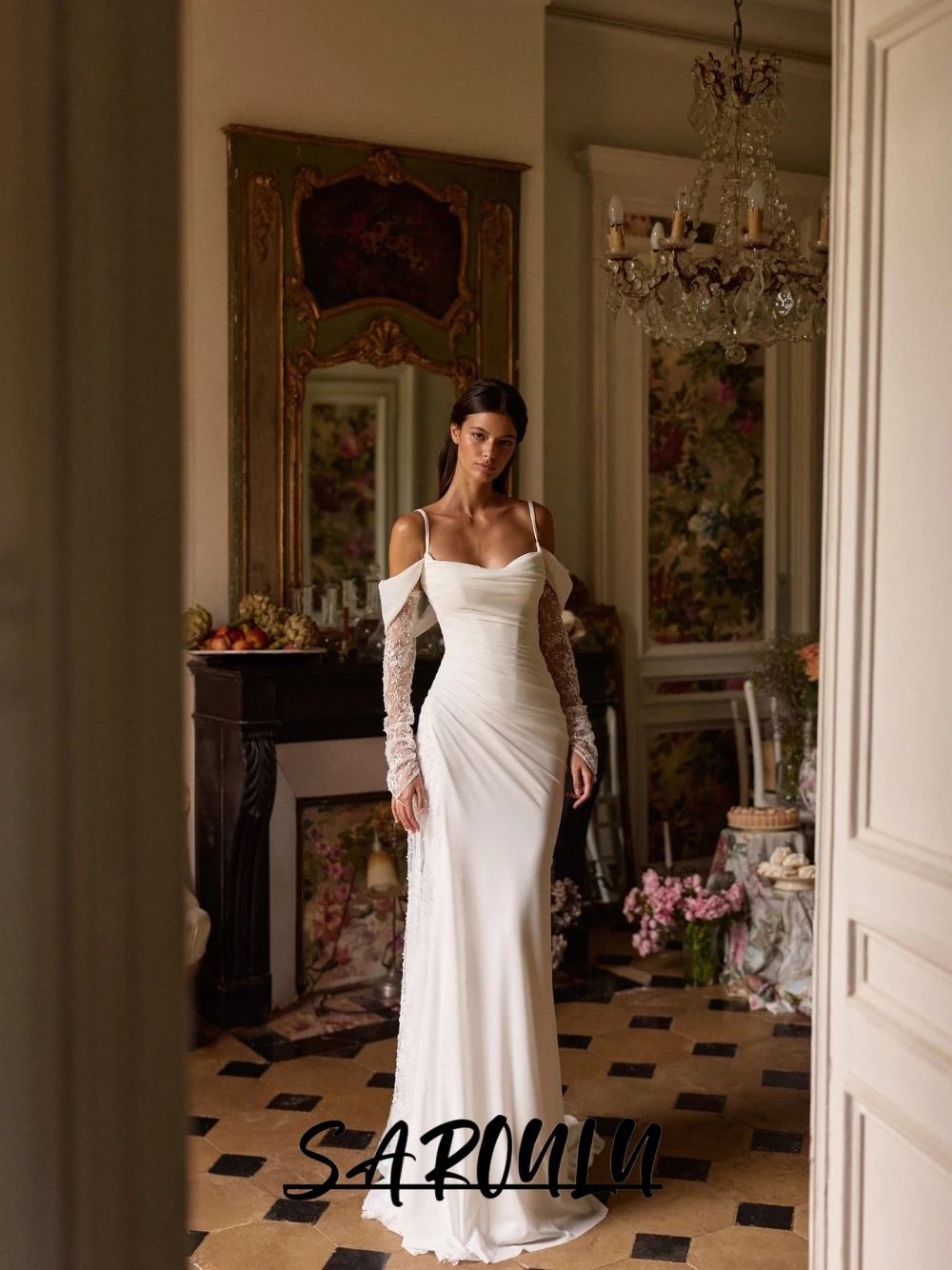 Dreamy Off Shoulder Satin Wedding Dress Romantic Lace Long Sleeve Fitted Mermaid Bridal Gown For Manor Indoor Weddings