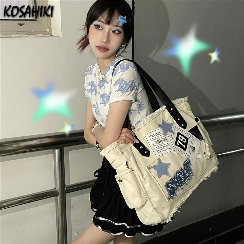 Star Letters Tassel Vintage Canvas Tote Bags Japanese High-capacity Harajuku Shoulder Underarm Bag Women Y2k Aesthetic Handbags