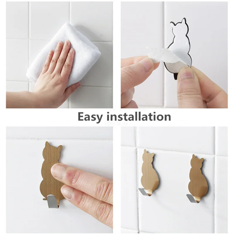 2PCS Cat Pattern Storage Holder Adhesive Hooks For Bathroom Kitchen Hanger Shelves Storage Organizers Gadgets Home Accessories