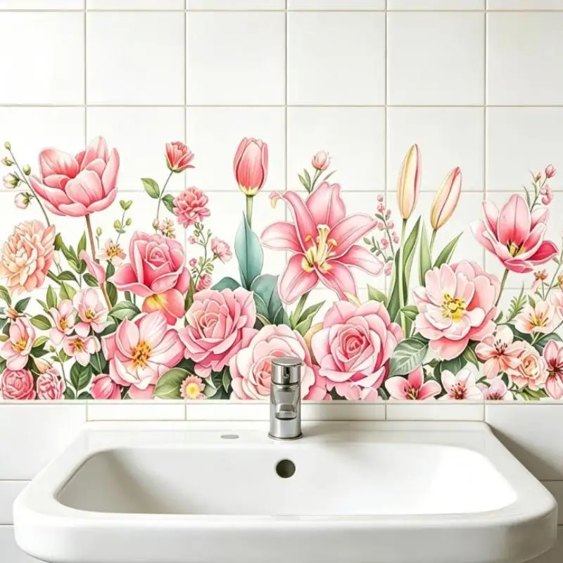 Fresh Floral Pattern Sink Area Background Wall Sticker Bathroom Wall Decoration Self-Adhesive Removable Waterproof Sticker