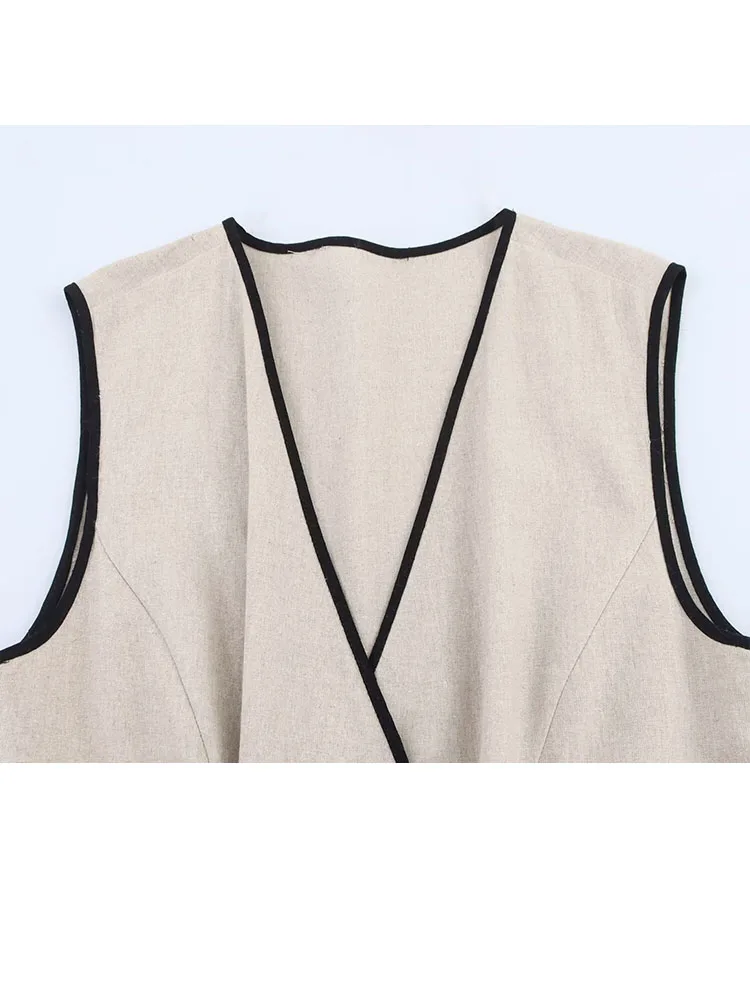 HH Woman Elegant V-Neck Party Midi Dress Women Summer Sleeveless Single-Breasted Belted Blend Open-lined Embellished Dresses