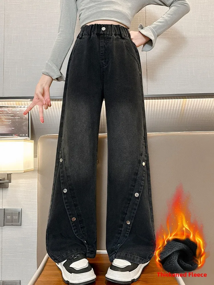 

Thiened Fce Winter Denim Pants for Girls Button Wide Leg Straight Cut Trousers Junior High School Students Faionable