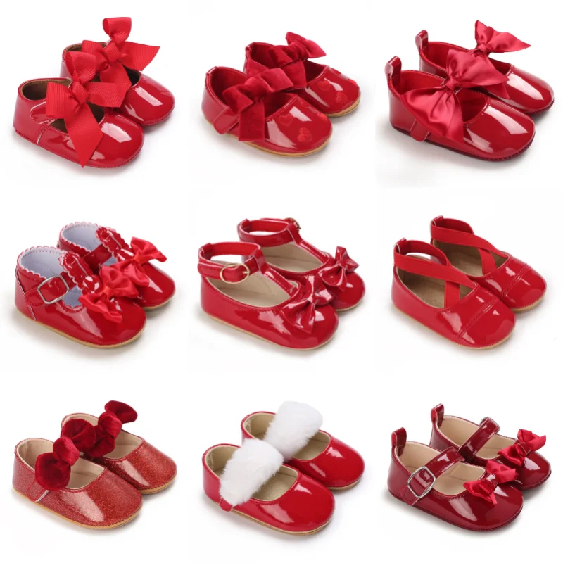 Red Bowknot Baby Shoes Newborn Baby Girl Shoes Mary Jane Flats Pu Leather Wedding Party Princess Shoes Toddler First Walker