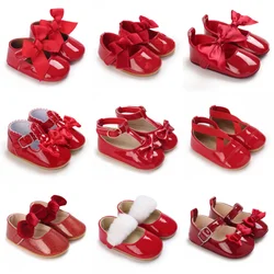 Scarpe da bambino con fiocco rosso scarpe da neonata Mary Jane Flats scarpe da principessa per feste di matrimonio in pelle Pu Toddler First Walker