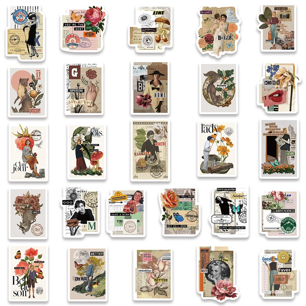 53pcs Ins Style Retro Aesthetic Art Stickers Vinyl Laptop Decals Luggage Guitar Phone Water Bottle Waterproof Graffiti