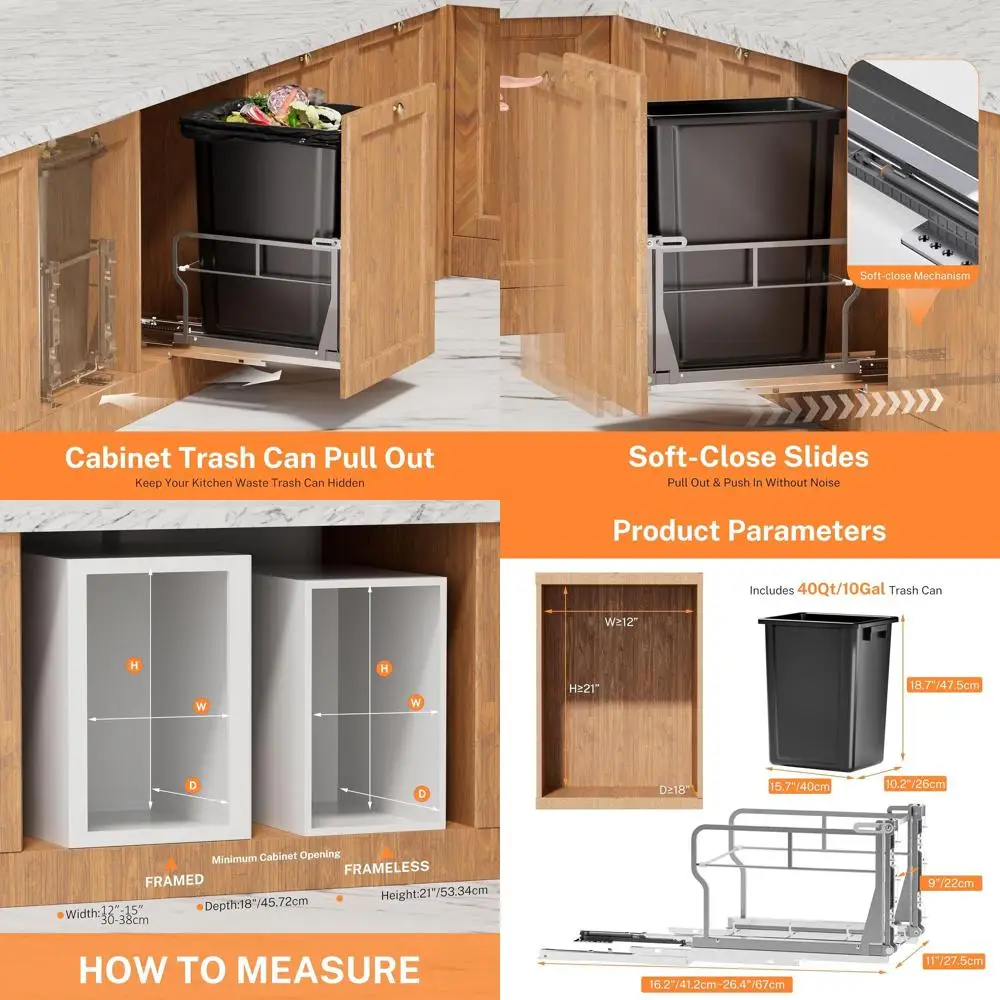 

10 ° Выдвижной мусорный бак наклонной частоте 40Qt с мягким закрыванием, подходит для ширины шкафа 12