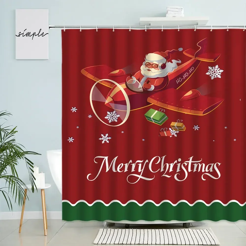 Cartoon Santa Shower Curtain Merry Christmas Red Theme Kid Child Bathroom Waterproof Polyester Curtains Home Decor Holiday Gifts