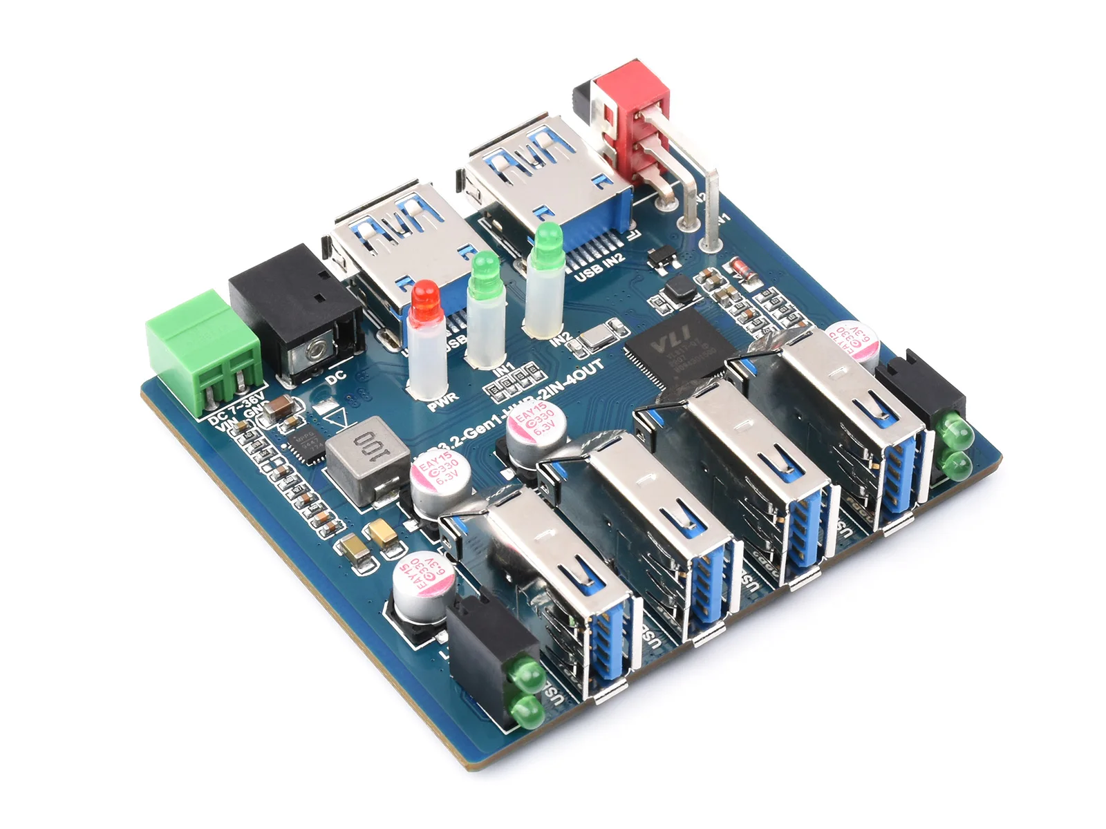 Przemysłowy HUB USB Waveshare, rozszerzający 4x porty USB 3.2, przełączalne podwójne hosty, wielokrotne zabezpieczenia — zdjęcie produktu 5