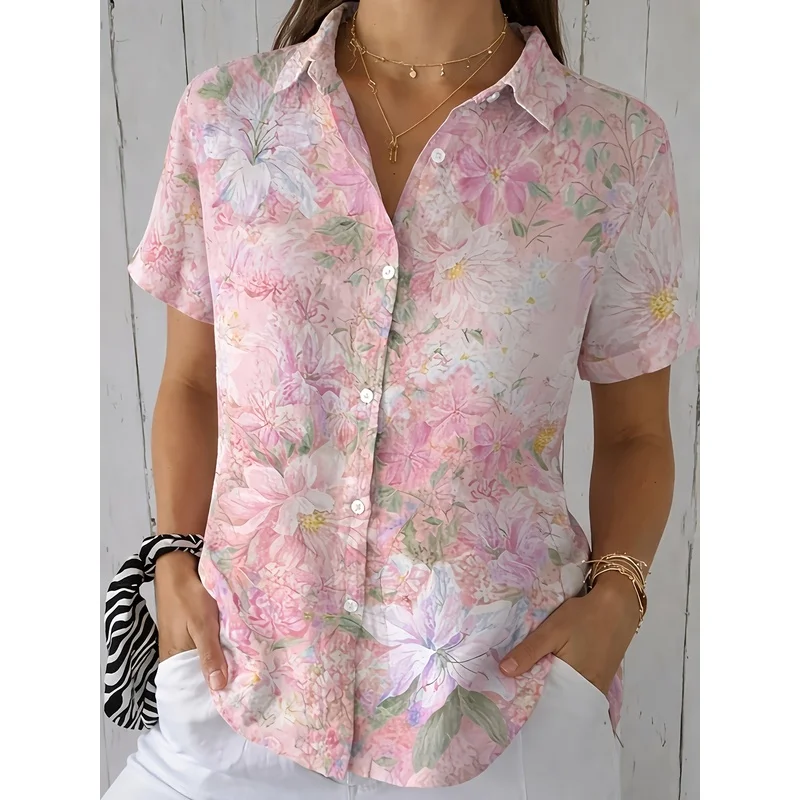 Elegant Special Edition Women's Printed Short Sleeve Button-Up Shirt Classic Collar Machine Washable for Office Commuting Formal