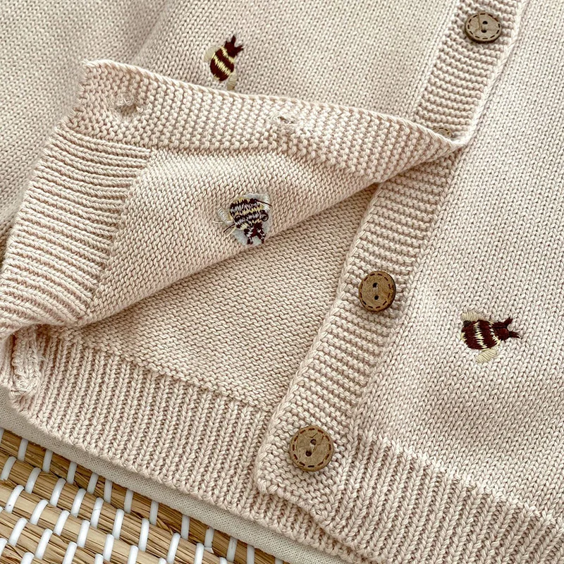 Infant Baby Girls Bee Embroidery Knitted Cardigan Coat Spring Autumn Newborn Kids Baby Girls Long Sleeves Cardigan Coat 0-3Yrs