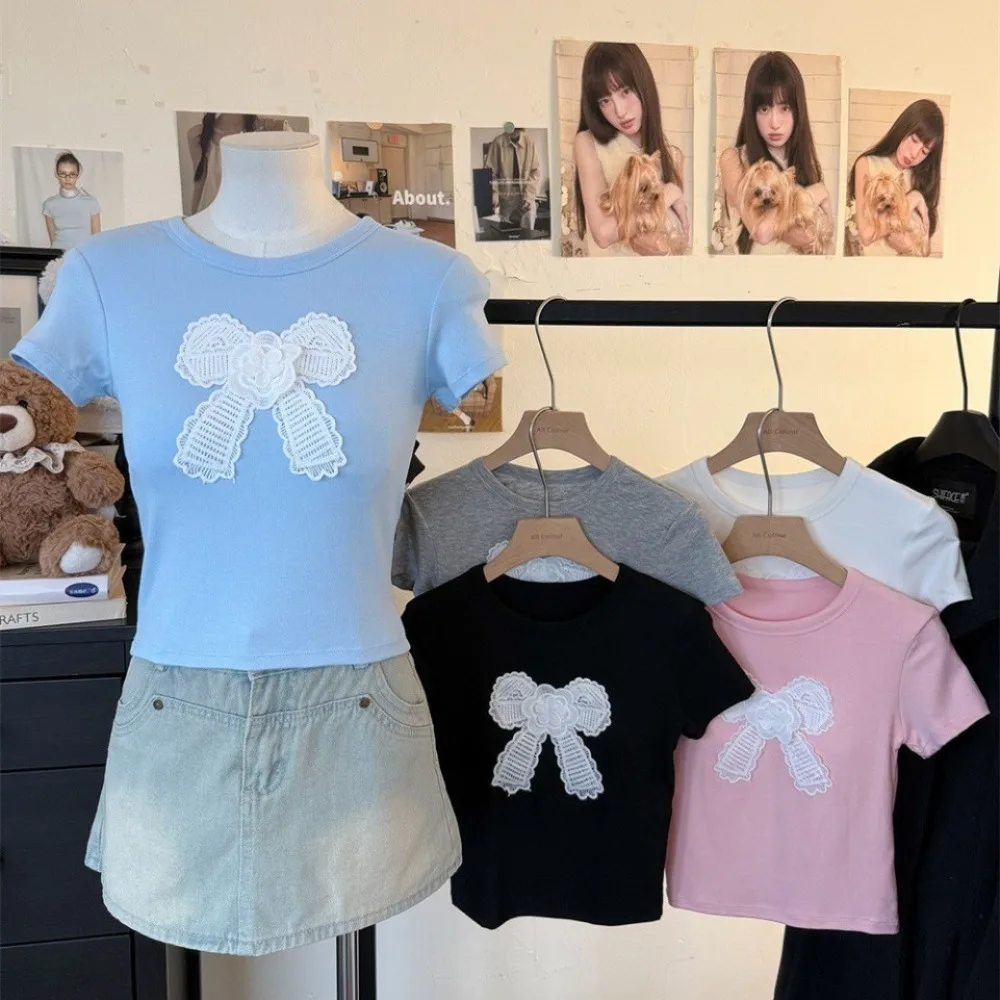 

Fashion Cotton Korean Bow T-shirts Bowknot With Chest Pads Y2K Crop Tops Embroidered Korean Style Short Shoulder Tops Women