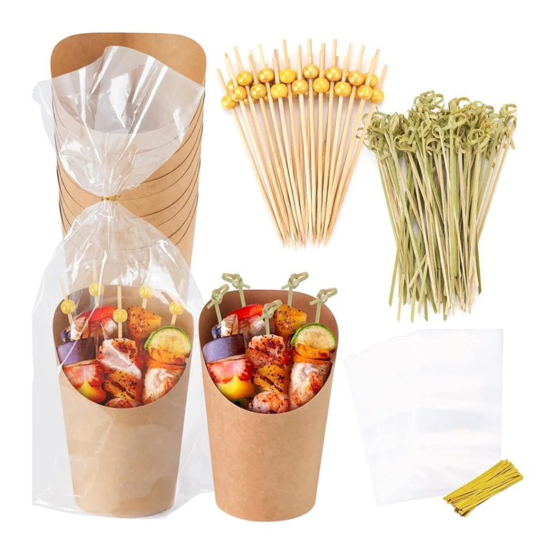 50 Pcs Disposable 14 Oz. Slanted Kraft Paper Cups Deli Fries Cups with Fruit Bamboo Stick &Gift Bag Snack Appetizer Kit