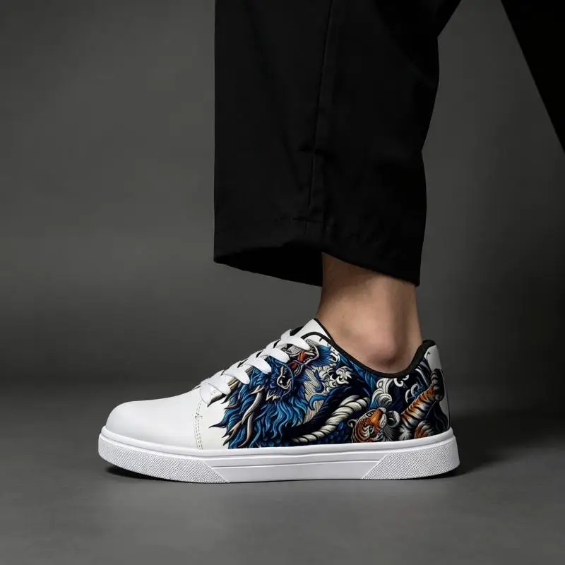 Ladies Men's Road Running Shoes，White sneakers with printed designs，Tiger and Dragon Tattoo Art Pattern，Various sizes available，