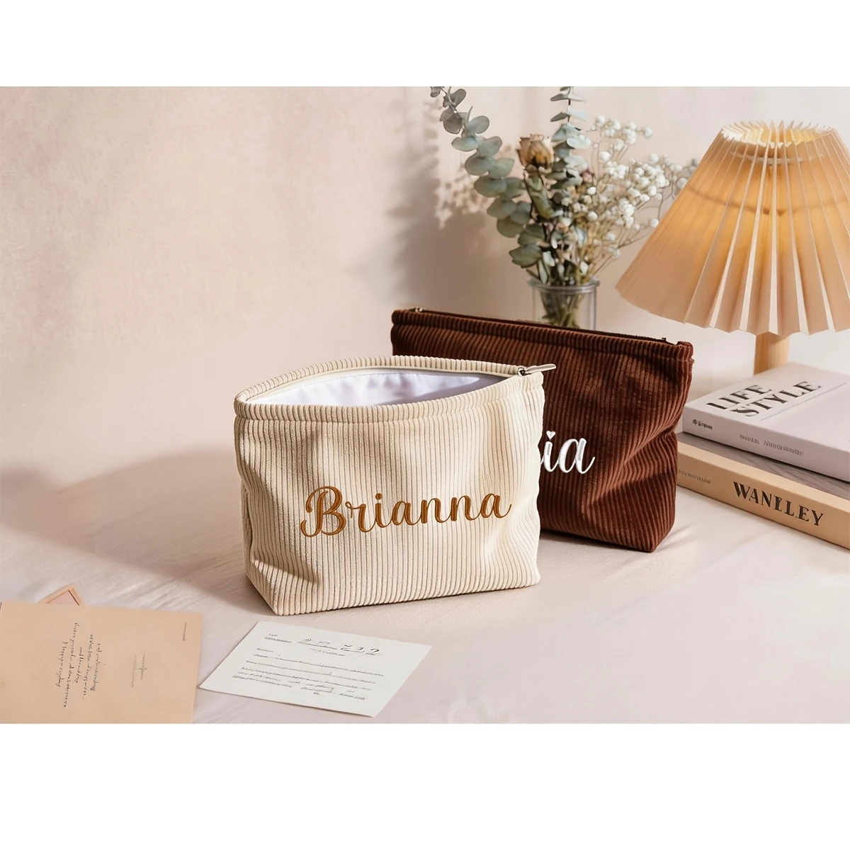 Embroidered Name Corduroy Makeup Bag, Multifunctional Daily Handbag To Organize Accessory, Ideal Gift for Her Holiday Beach Trip