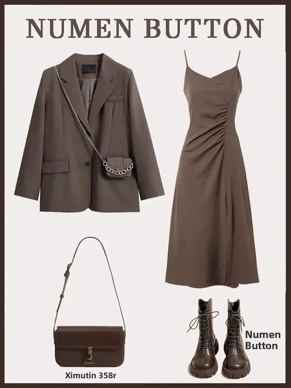 

plus Size Women's Spring Fashion Set Brown Suit Jacket Strap Dress Two-Piece Set Professional Slimming Concealing High Waist