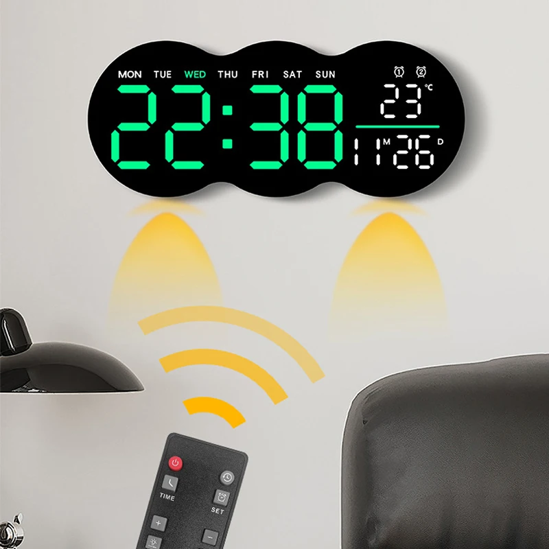 Cloud Shaped LED Digital Wall Clock Temperature Date Time Week Display Dual Alarms Electronic Clock Remote Control for Home