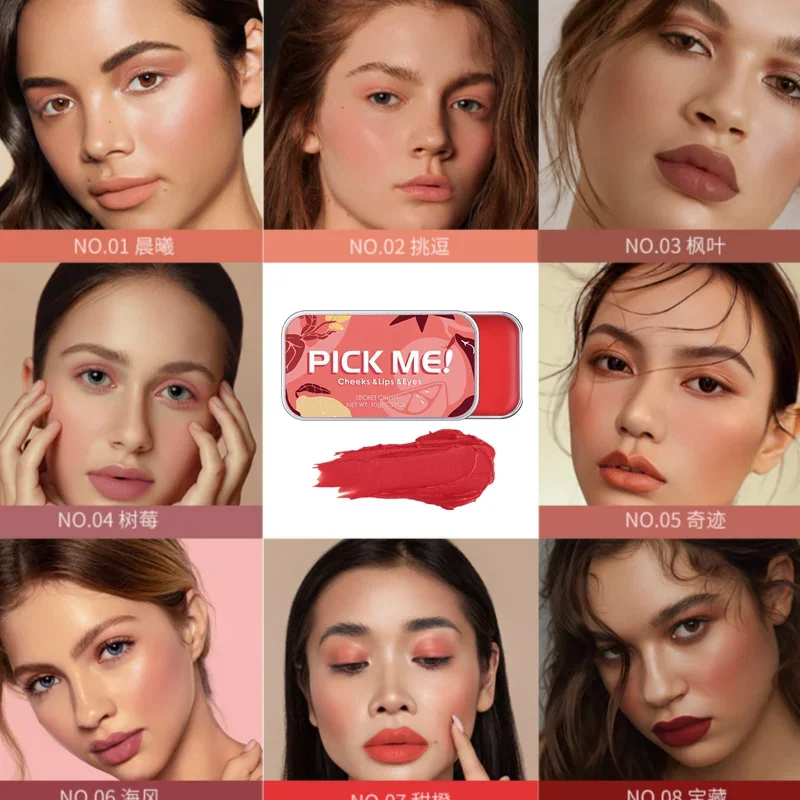Paleta de maquillaje 3 en 1, colorete, sombra de ojos, polvo Mineral, colorete rojo, crema Natural duradera, tinte para mejillas, colorete naranja, melocotón, rosa, cosmético