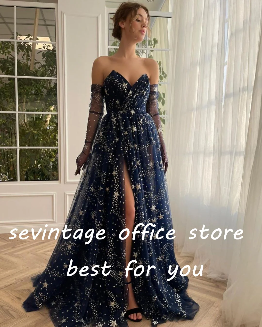 Sevintage Glitter Navy Blue Starry Tulle Prom Dresses V คอด้านข้างแยก Saudi คำผู้หญิง A-Line อย่างเป็นทางการ Evening Party Gowns