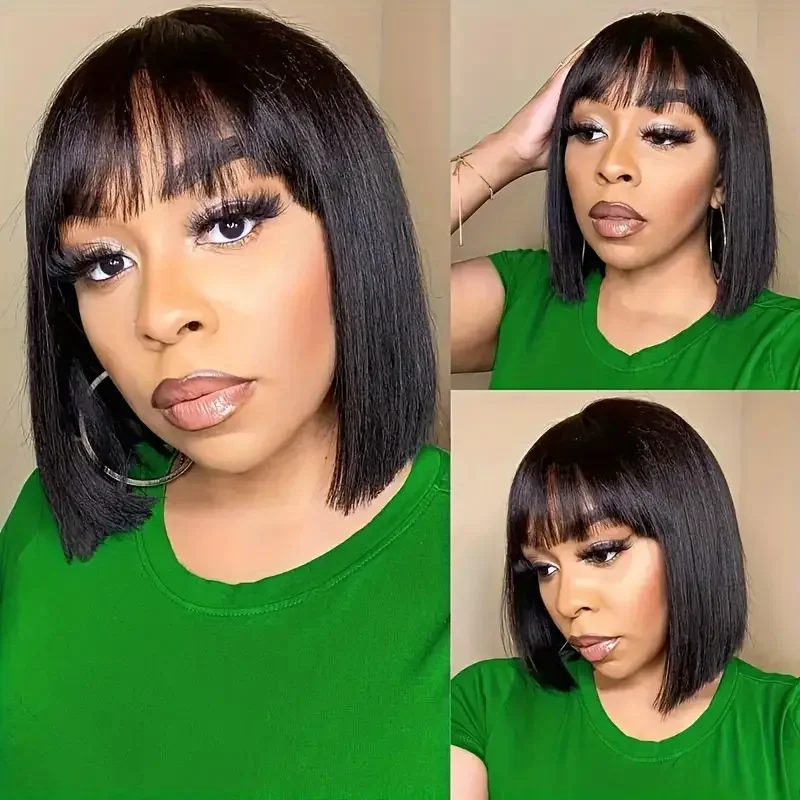 Bangs Bob Wig Human Hair with Bangs 2×1 Lace Closure Human Hair Wigs with Bangs 180% Density, Beginner-Friendly 12 Inches Black