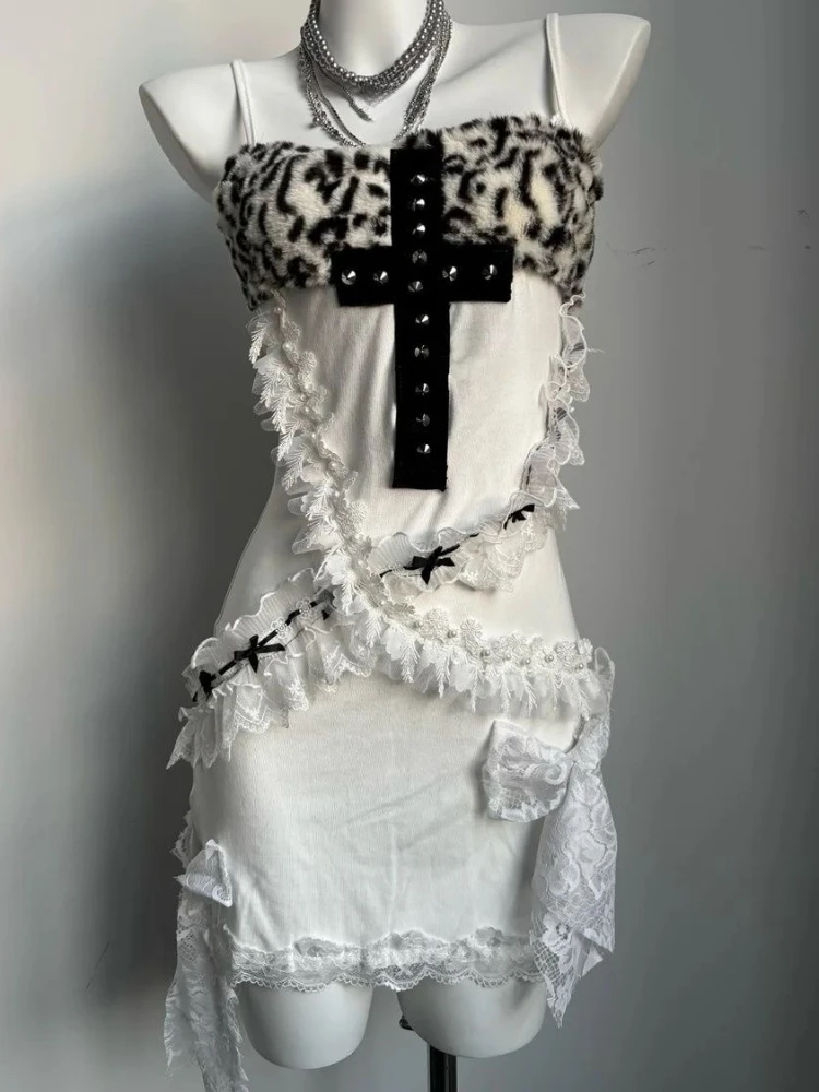 Vintage ärmellose Damen Streetwear-Stil Sexy einteiliges Kleid Gothic Y2k Print Spitze Slip Kleider Mode 2025, neues Design, Sommer