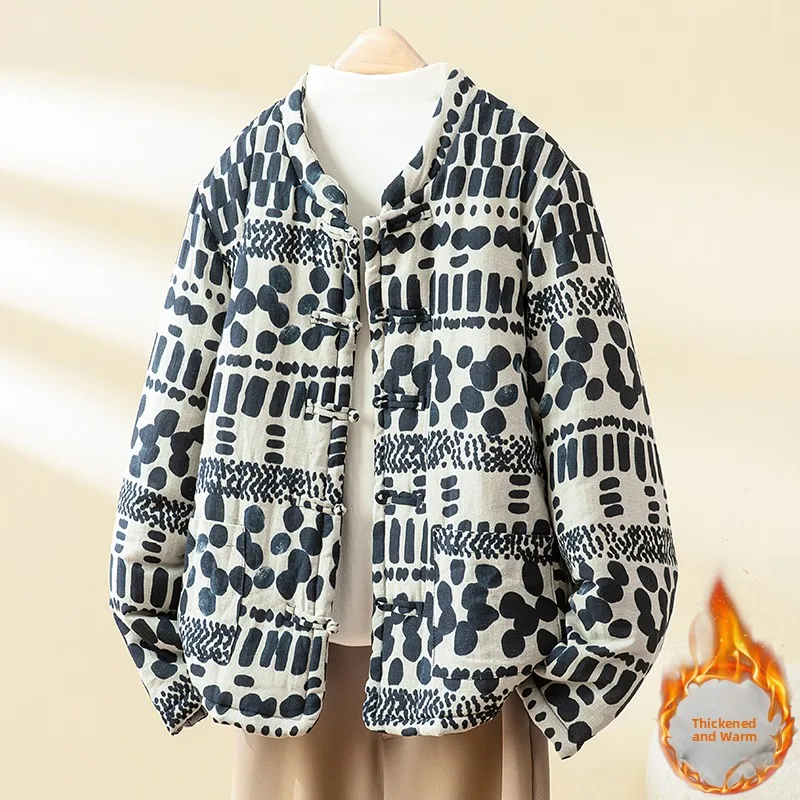 

High-End Anti-Aging Cotton Jacket Women's Thickened Cotton Outerwear Winter Hanfu Cotton Linen Shirt Stylish Zen Influence