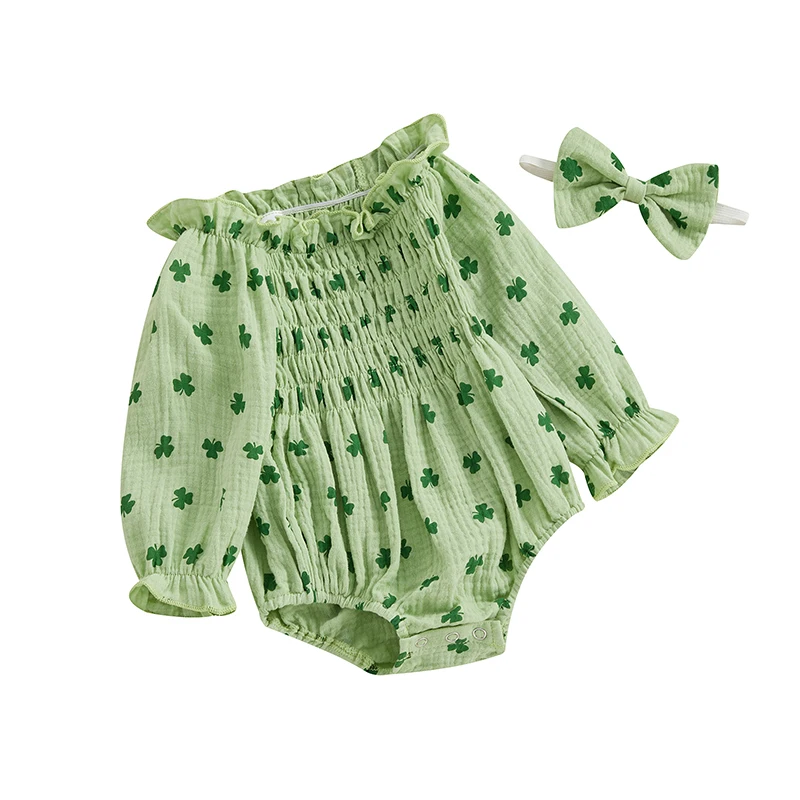 Newborn Girl St Patricks Day Bodysuits Outfit Long Sleeve Off shoulder Shamrock Print Romper with Hairband Baby Jumpsuits