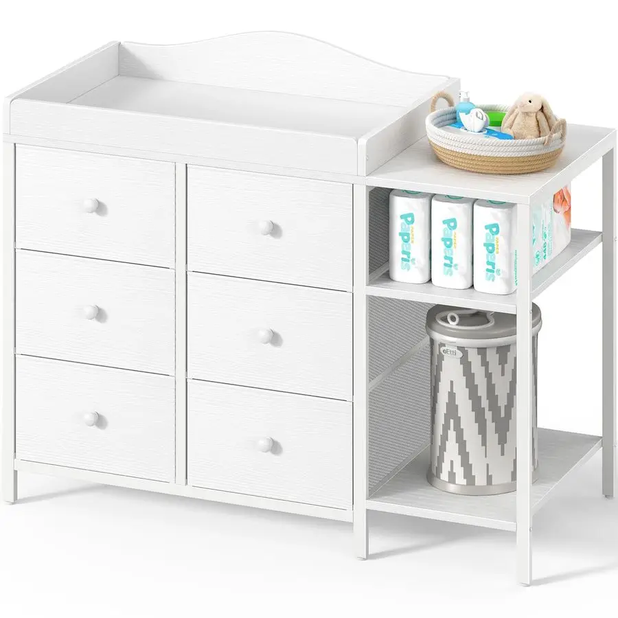 Babycommode met commode, wit commode met 6 stoffen laden, luierwisselstation met opbergruimte Sh