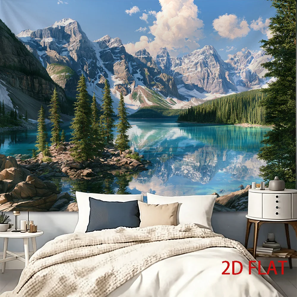 Alpine Lake Tapestry, Snowy Mountain Range & Green Pines, Beautiful Lake Reflection Scenery Wall Hanging for Bedroom Decor