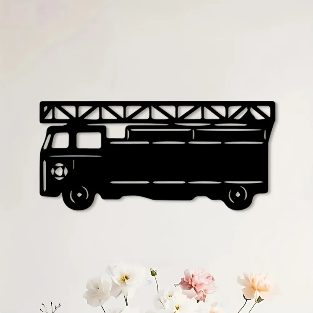 Brand 2D Flat Vintage Fire Truck Metal Wall Art, Laser‑Cut Firefighter Silhouette Hanging Ornament for Garage Patio