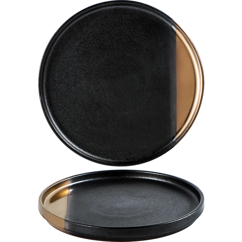 1Pcs KINGLANG Original Dish Plate Creative Matte Golden Black Ceramic Plate Flat Steak Plate Western Dish Pizza Plate