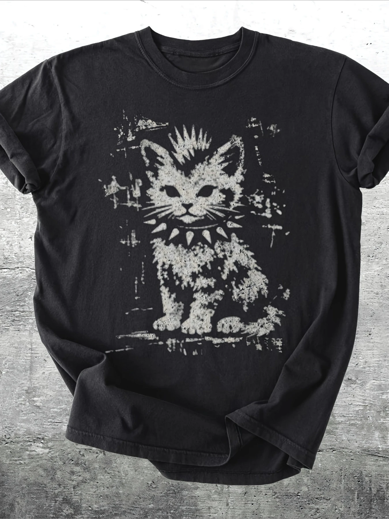 Punk Kätzchen Grafik T-Shirt für Männer und Frauen Vintage Distressed Katzen-Print Rundhals Lässige Streetwear Oberteile