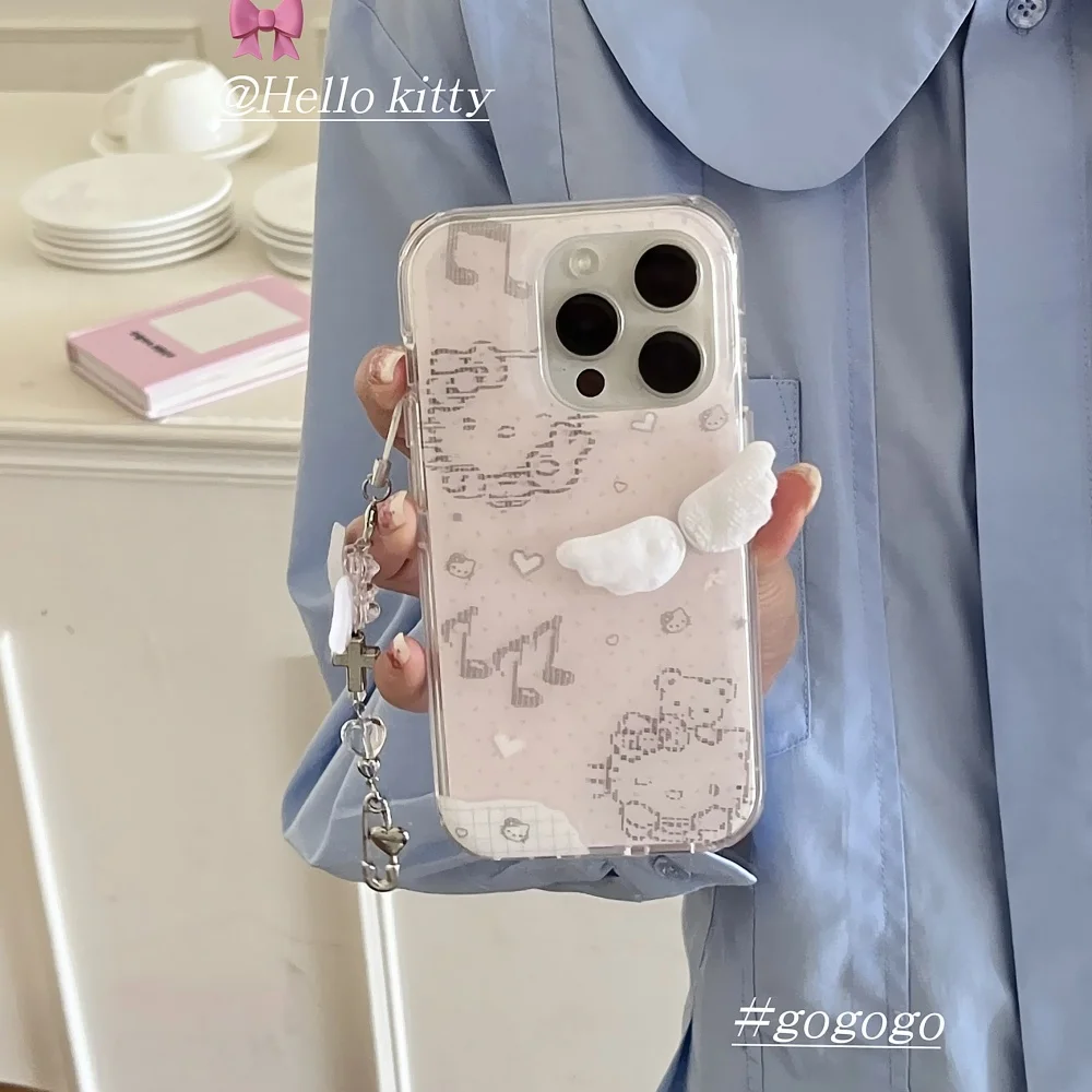 헬로키티 3D 날개 디자인 아이폰 16 15 14 Pro Max 범퍼 충격 방지 백 커버 (손목 스트랩 팔찌 참 포함)