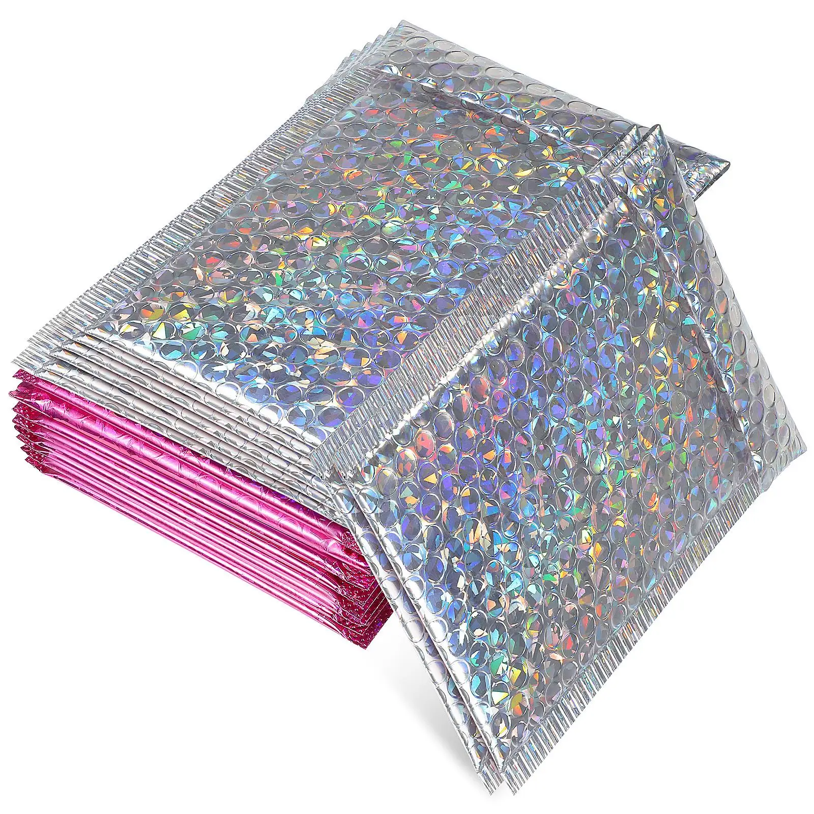 

16 Pcs Holographic Bubble Mailers 8 Silver 8 Rose Envelopes PET Self Seal Moisture Dust Proof Packing Envelopes
