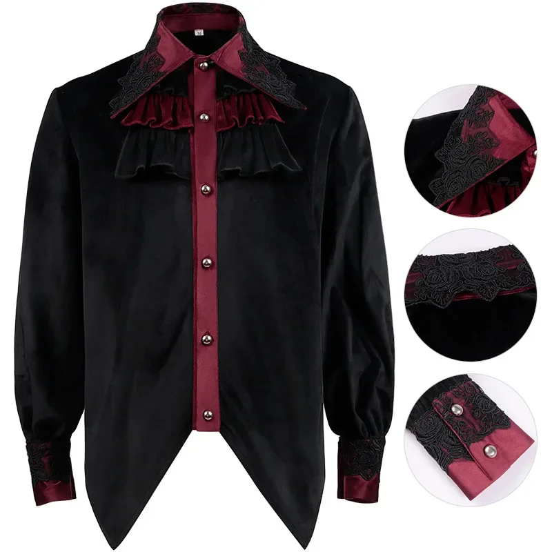 Men Pirate Shirt Vampire Renaissance Victorian Steampunk Gothic Ruffled Medieval Halloween Cosplay Costume Clothing Chemise Tops