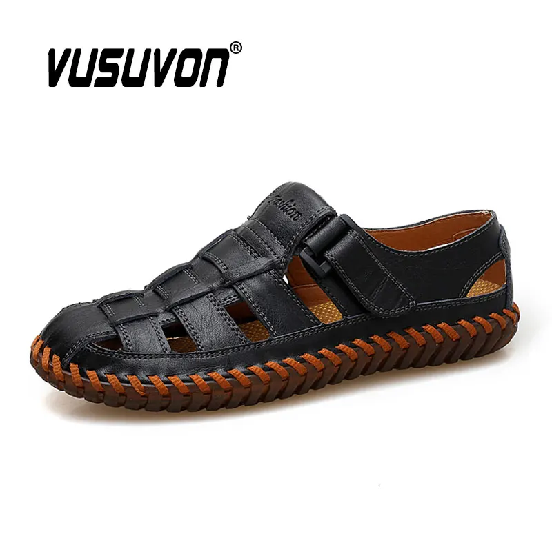 Fashion Men Sandals Summer Breathable Leisure Water Beach Black Shoes Split Leather Big Size 38-47 Clogs Flats Loafers