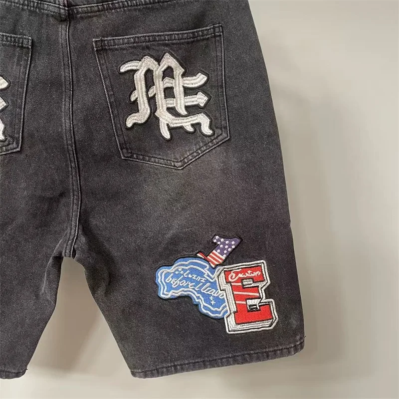 

Мужские джинсы большого размера с вышивкой логотипа СМЕШАННАЯ ЭМОЦИЯ, потертые черные винтажные джинсовые шорты со смешанной эмоцией