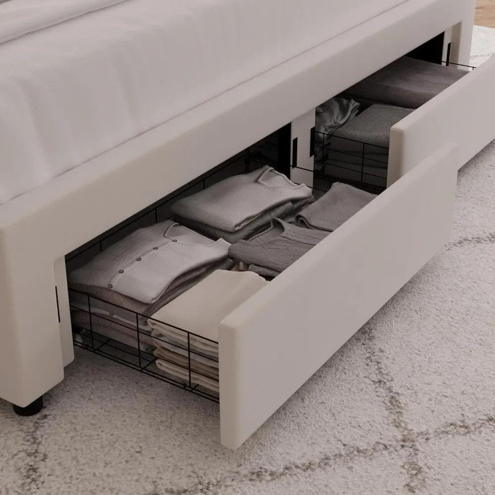 Upholstered LED Bed Frame with 2 Storage Drawers, Velvet Platform Bed with Wingback Headboard, Solid Wooden Slats Support image 5