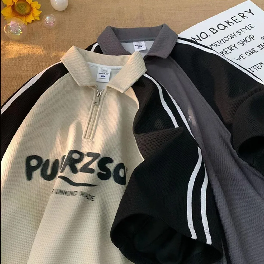Polos de algodón con gofres americanos, camiseta a rayas de manga corta con cuello vuelto y cremallera, camisetas informales holgadas para hombres y mujeres, camisetas Harajuku