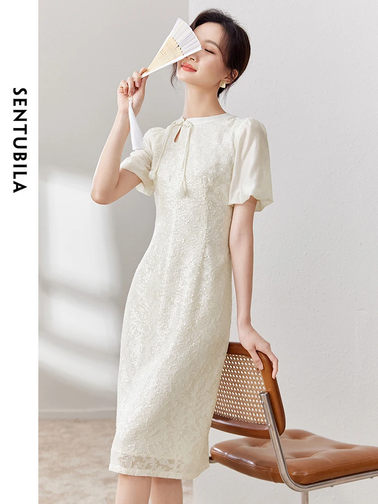 SENTUBILA Chinese Style Sequin Jacquard Cheongsam Women Summer Dress 2024 Fashion Tie Round Neck Fitted Dresses Woman 132L50247