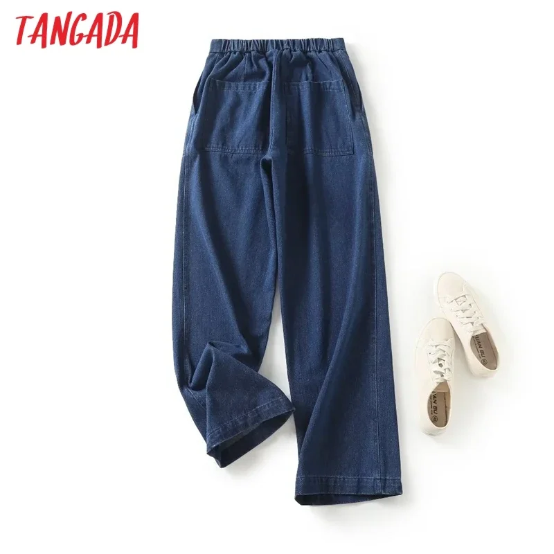 Tangada 2023 Women Blue Jeans Pants Trousers Pocket Strethy Waist Female Wide Leg Denim Pants 4C354