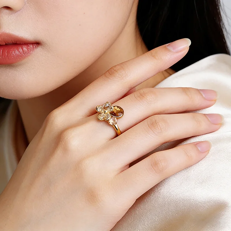Elegant Champagne Oval Crystal Flower Ring Gold Color Open Design for Women Trendy Jewelry Finger Accessory Young Luxury 2026