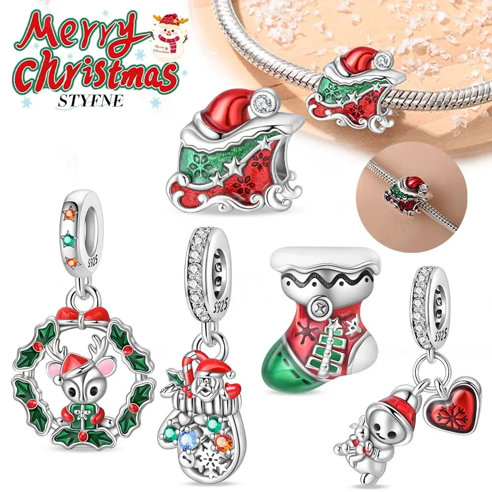 925 Sterling Silver Christmas Two-piece Set with Beaded Fit Pandora Original Bracelet DIY High-end Fine Jewelry Gift for Women